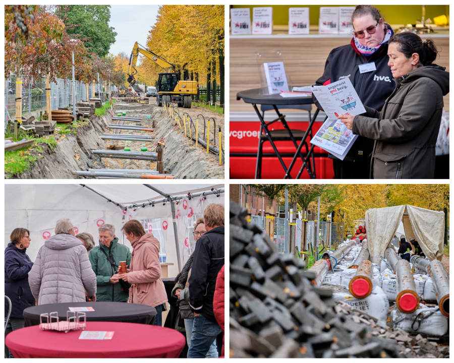 Collage van de werkzaamheden en bewoners die met elkaar praten en soep eten
